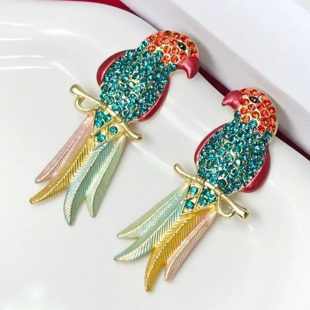 Large Colorful Rhinestone Parrot Gold Statement Earrings Maximalist Tropic Glam